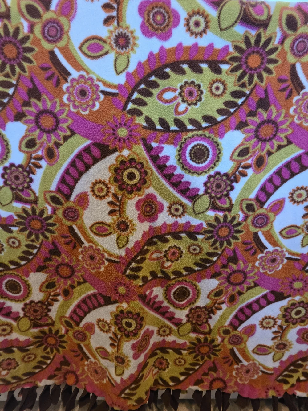 Floral Paisley Fleece Tie Blanket Pink Orange Green Brown Approx 56 x 63
